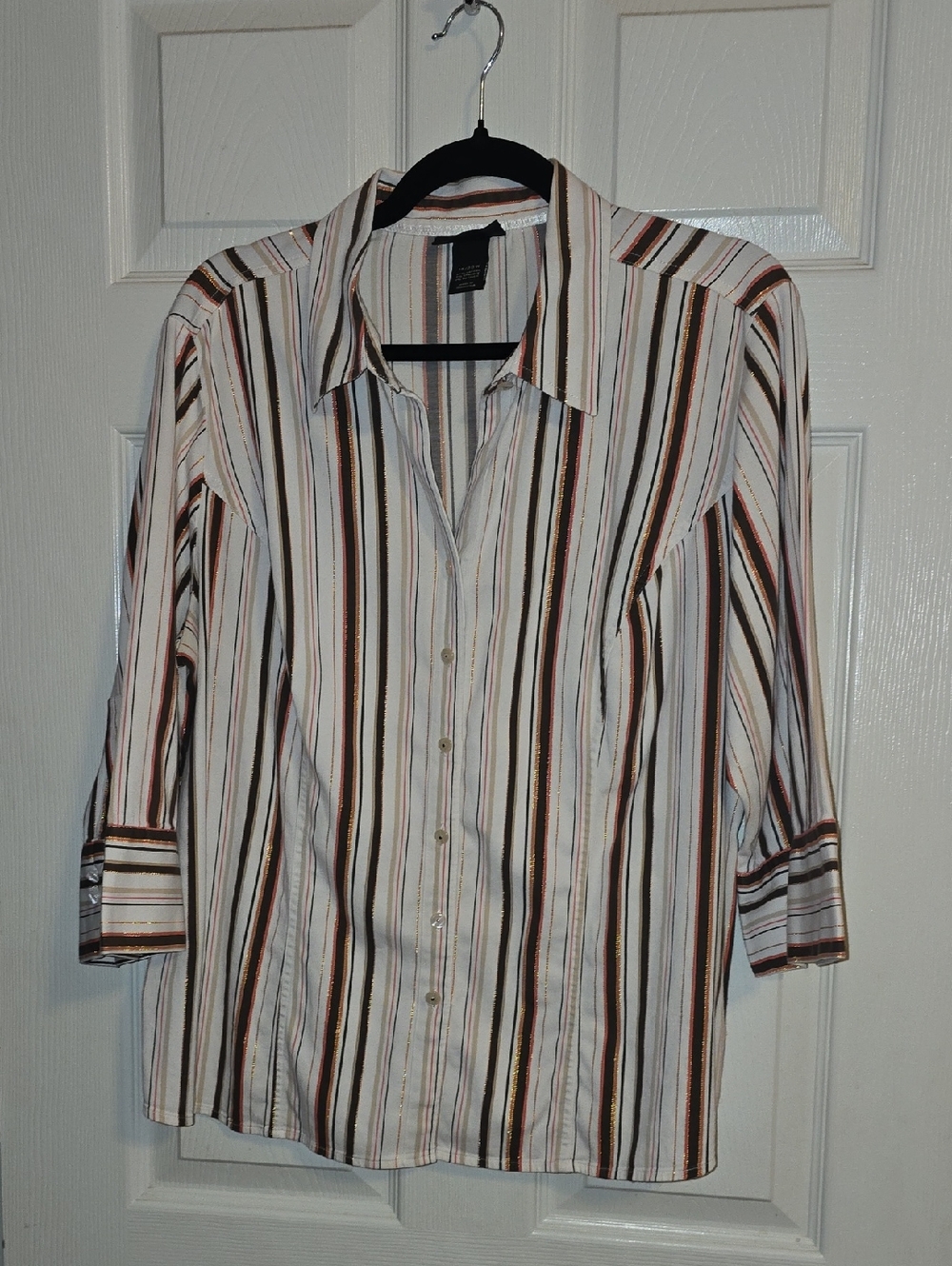 Lane Bryant Striped Blouse in Cream,‎ Brown & Coral